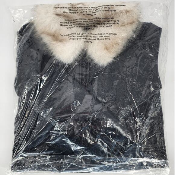 Unreal Fur Black Wet Look Aviator Jacket Faux Leather & Fur Collar Women’s XL - Picture 6 of 9